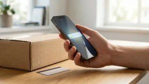 Detailní záběr na obrazovku chytrého telefonu s podvodnou SMS zprávou.