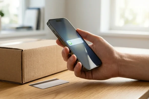 Detailní záběr na obrazovku chytrého telefonu s podvodnou SMS zprávou.