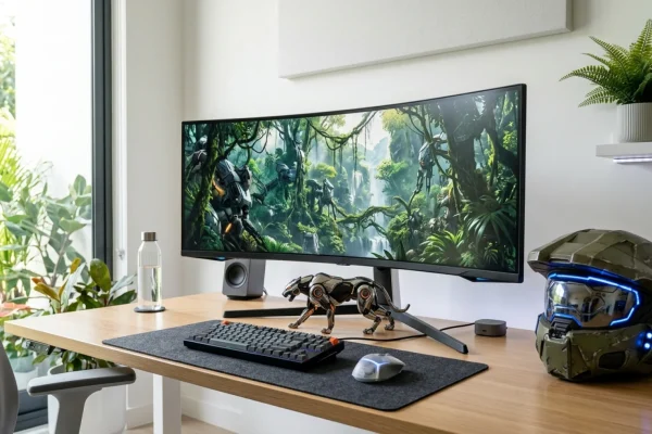 Herní notebook se spuštěnými aplikacemi Steam a Epic Games Store.
