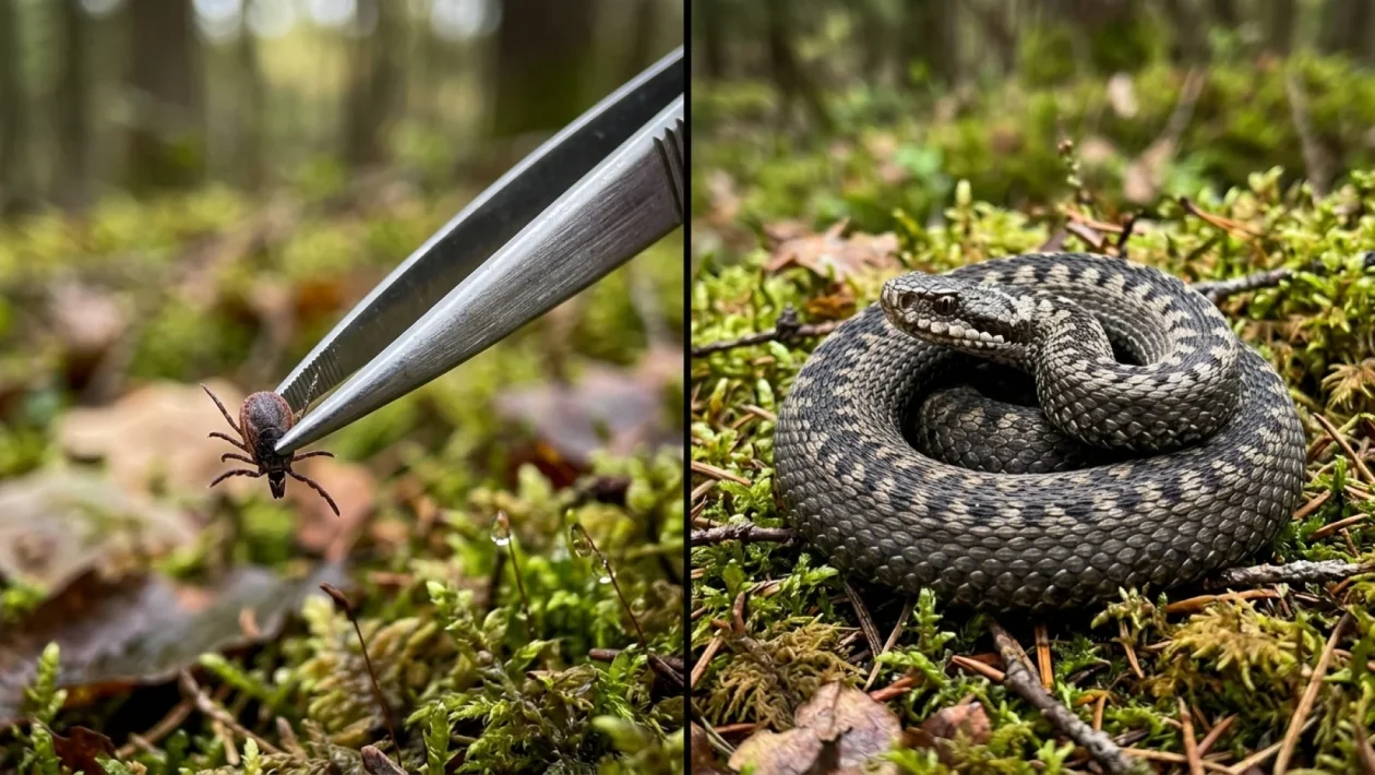 Detailní záběr na správné odstranění klíštěte pinzetou z kůže.
