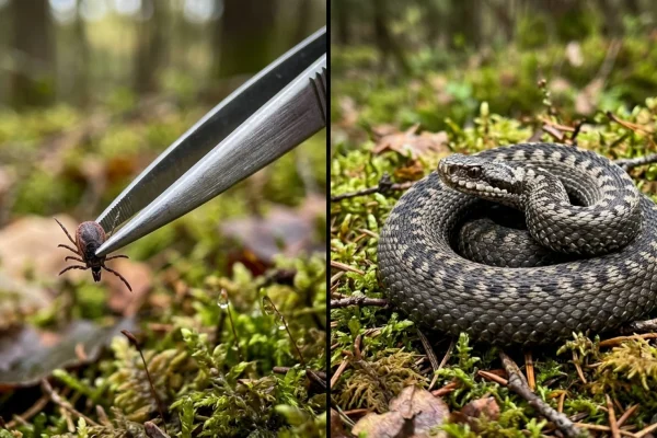 Detailní záběr na správné odstranění klíštěte pinzetou z kůže.
