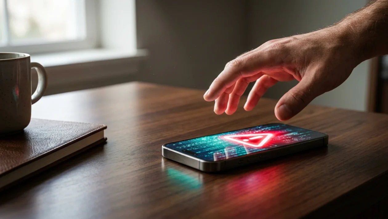 Varovná ikona na obrazovce smartphonu po kliknutí na podezřelý odkaz.