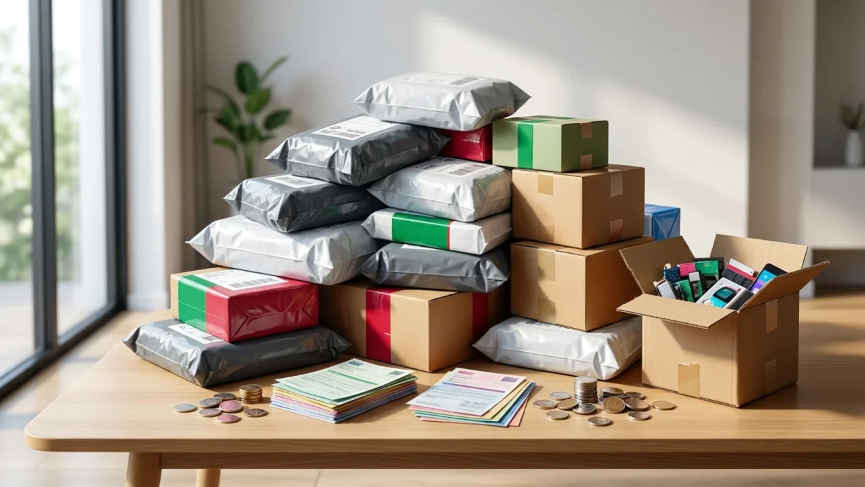 Skladové balíčky s označením celní kontroly pro zásilky z asijských e-shopů.