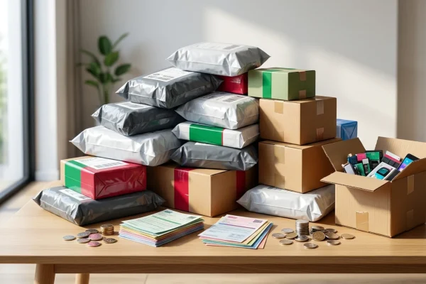 Skladové balíčky s označením celní kontroly pro zásilky z asijských e-shopů.