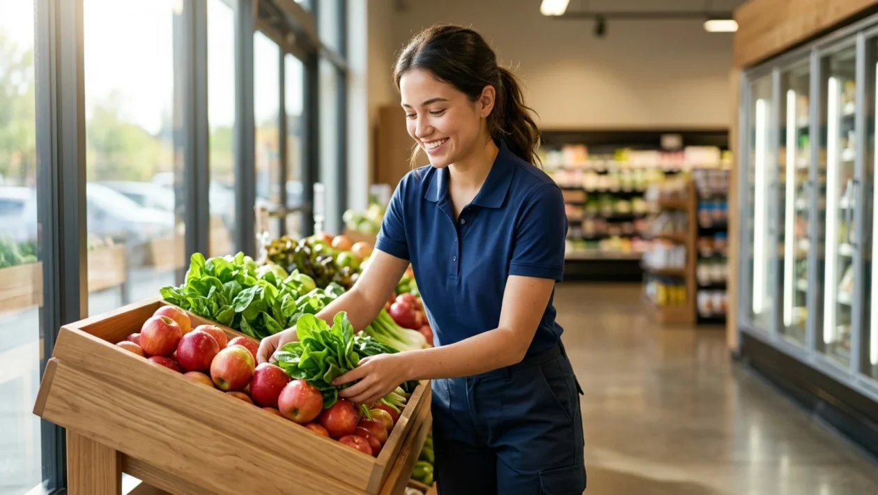 Mladý brigádník doplňuje zboží v regálu supermarketu