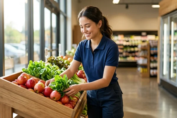 Mladý brigádník doplňuje zboží v regálu supermarketu