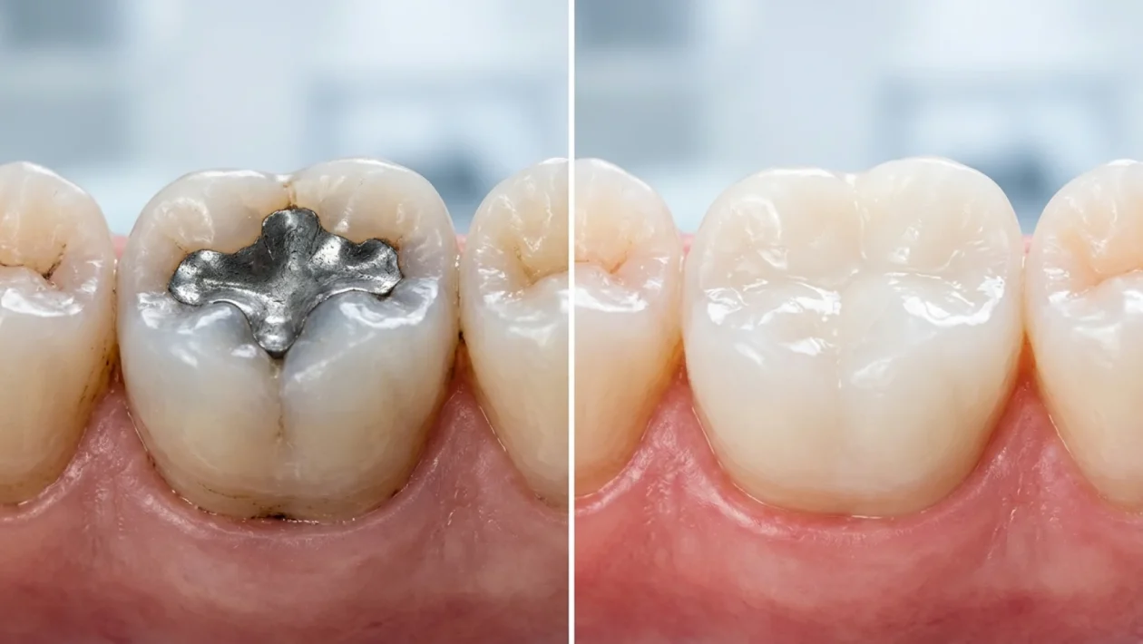 Detailní pohled na moderní stomatologické nástroje a bílou výplň zubu.