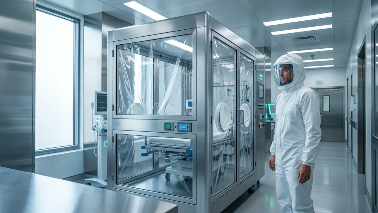 Speciální sanitka a zdravotníci v ochranných oblecích před nemocnicí Bulovka v Praze.