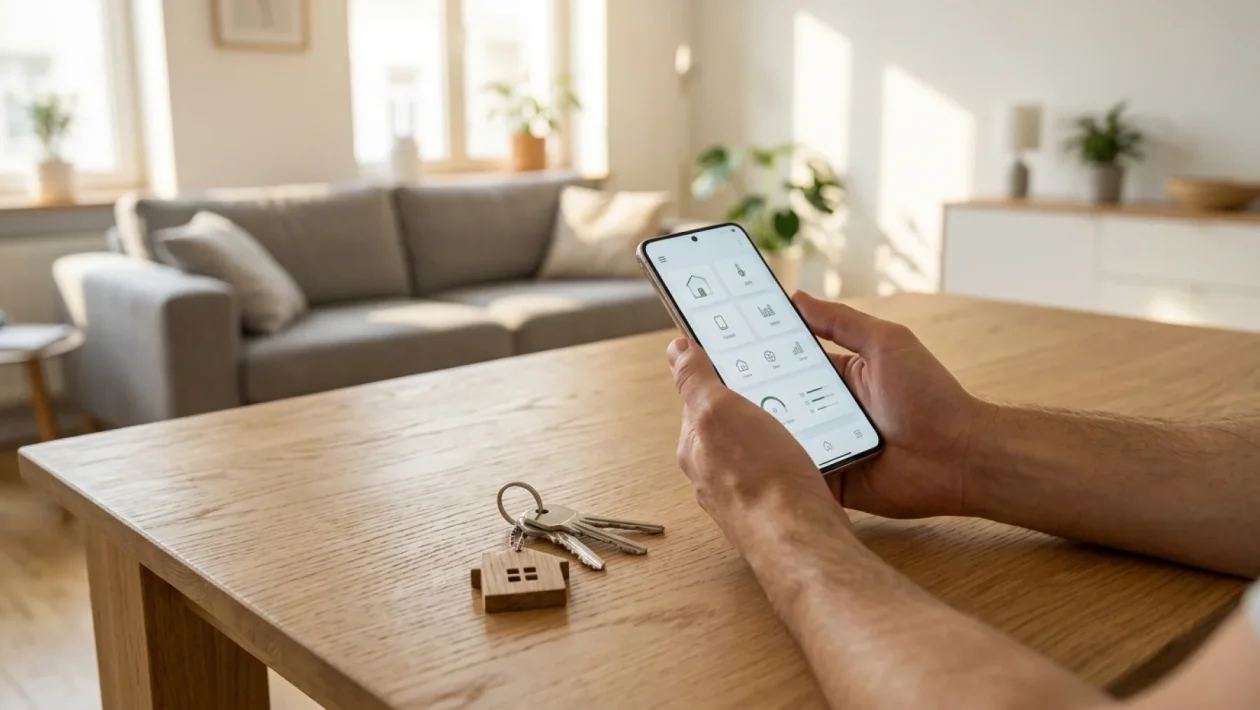 Rodina v obývacím pokoji sleduje digitální portál Jenda na tabletu při podávání žádosti o příspěvek.