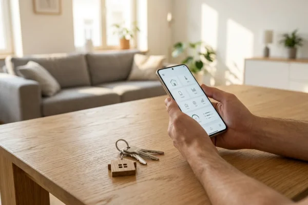 Rodina v obývacím pokoji sleduje digitální portál Jenda na tabletu při podávání žádosti o příspěvek.