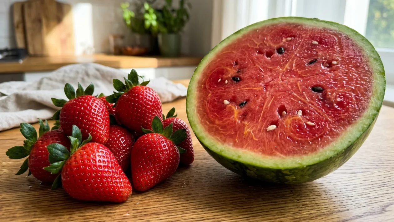 Kontrola kvality jahod a melounů v českém supermarketu.